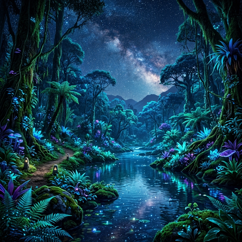 Bioluminescent rainforest at night with rare wildlife